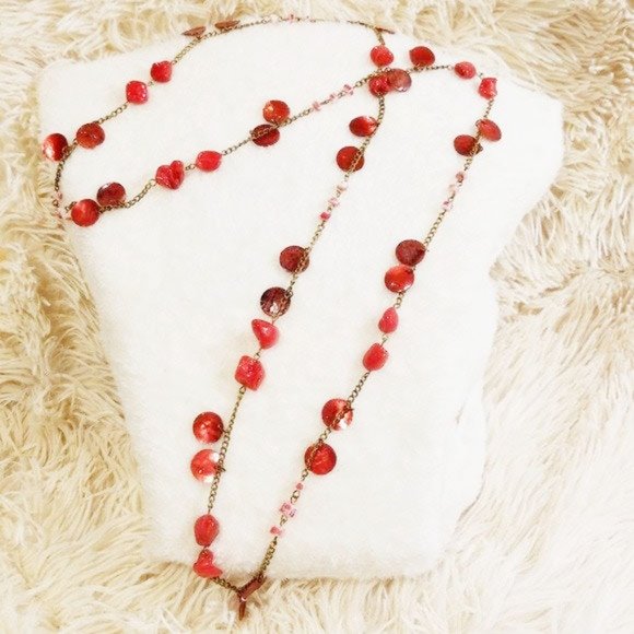 90s Red Abalone Shell Coin Long Sweater Necklace - Picture 9 of 12